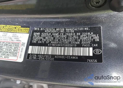 2007 Toyota Camry Le z USA, uszkodzony, nr VIN 4T1BE46KX7U605619